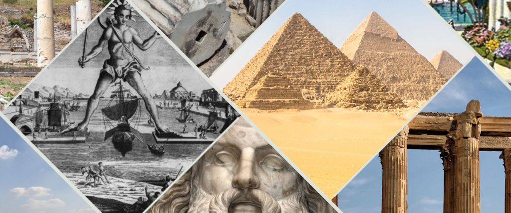 A collage of pictures representing the 7 Wonders of the Ancient World