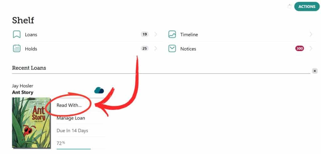 Libby bookshelf page with an arrow pointing to the "Read with" link