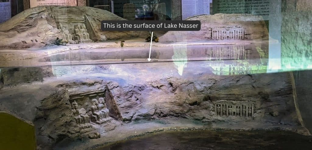 A model of Abu Simbel before and after being moved including water lines from Lake Nasser.