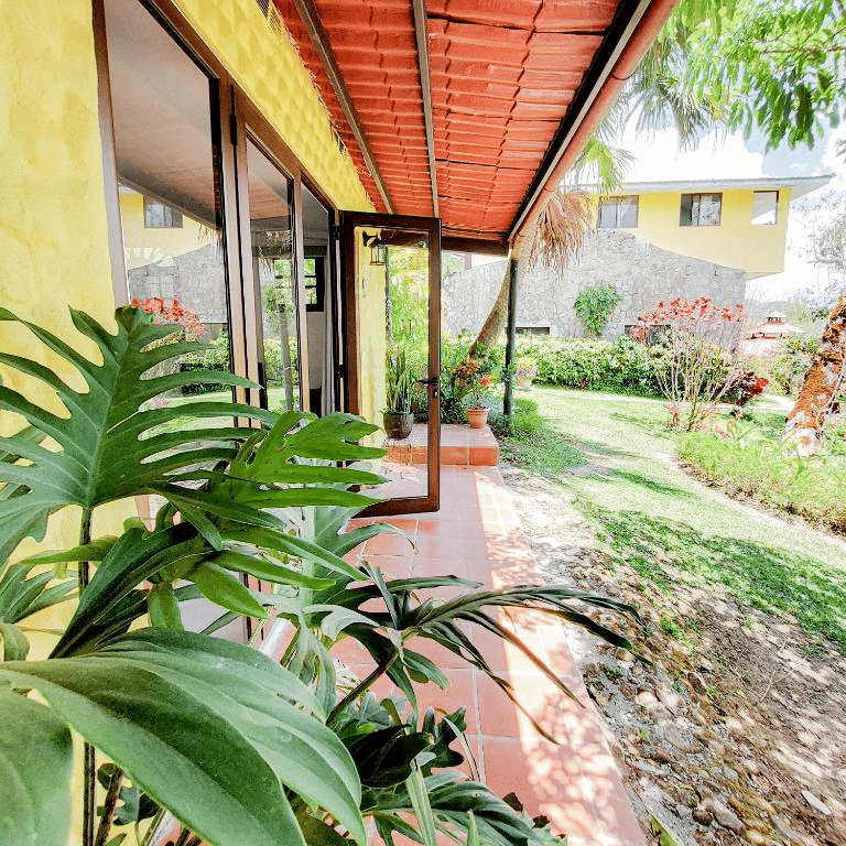 A yellow wall with glass doors leading into a garden