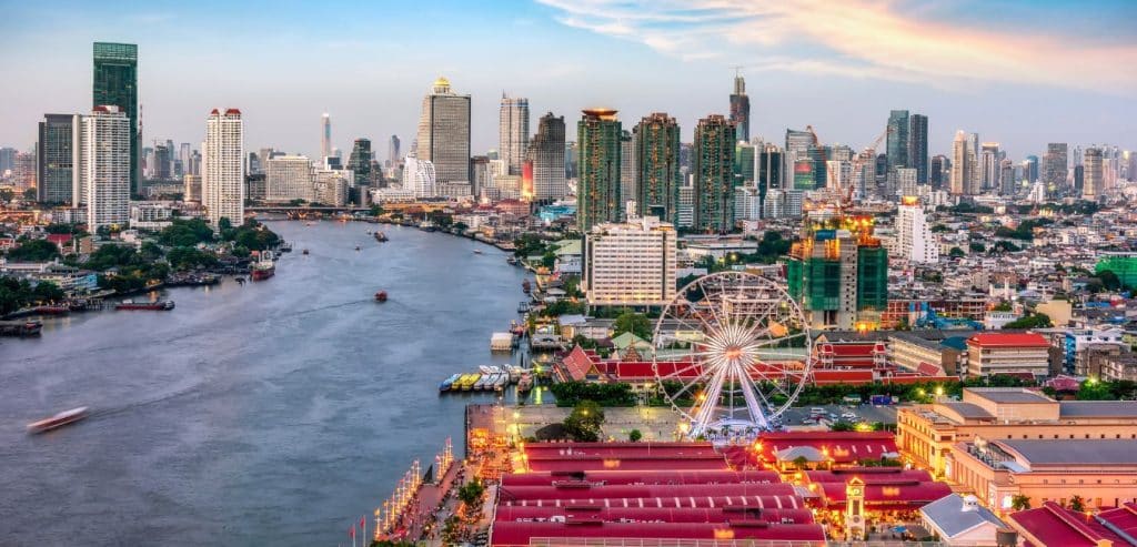 An aerial view of Bangkok, near the river.