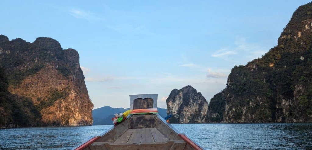 The view from the front of out long tailed boat in Khao Sok National Park.