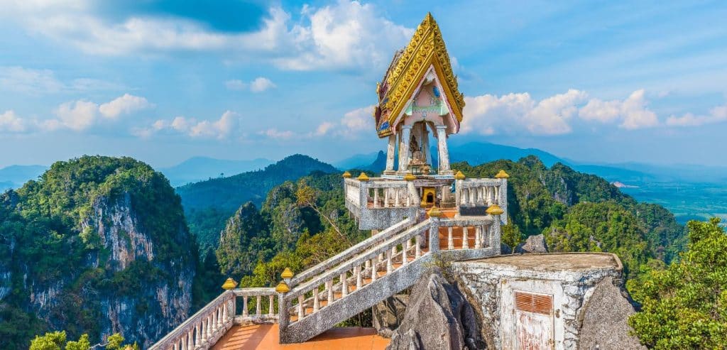 A small pagoda located at the top of Tiger Cave Temple offering stunning views of the surrounding countryside.