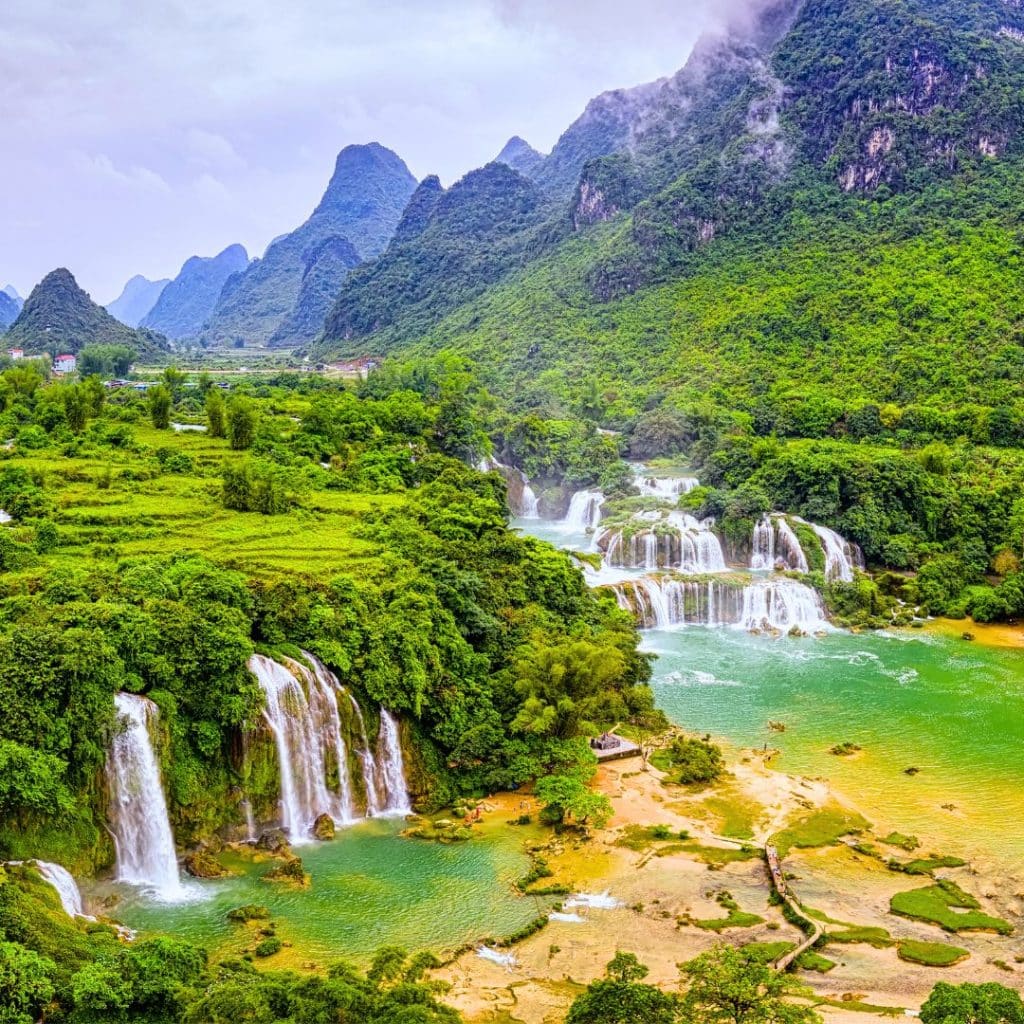 A view of Ban Gioc Waterfalls from farther away.