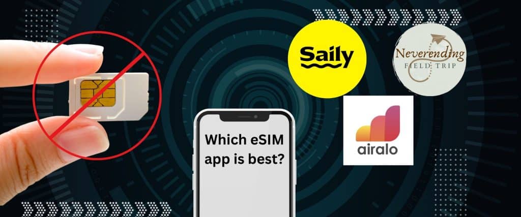 The logos for Saily and Airalo, a Physical SIM card with a line marking through it, and a phone with the text "Which eSIM app is better?" written on the screen.
