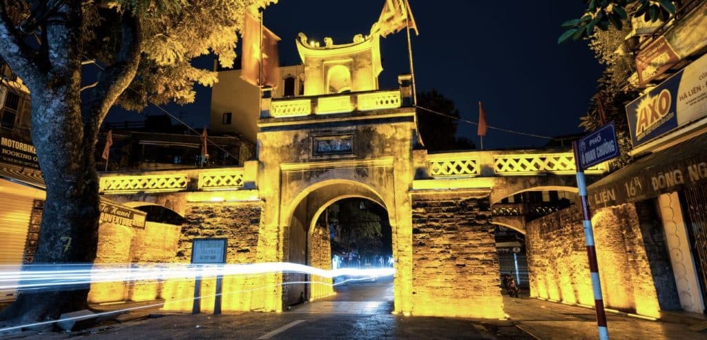 The O Quan Chuong Gate at night time 