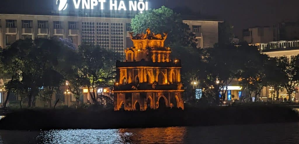 Hanoi's turtle tower lit up for the night.