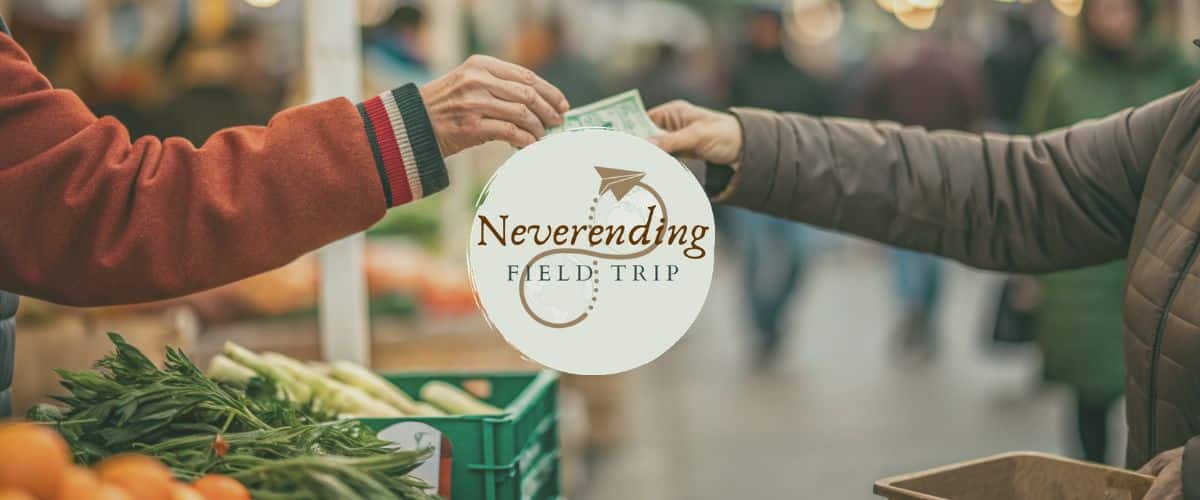 An arm handing cash to another arm at a food market. The Neverending Field Trip Logo is centered on the image