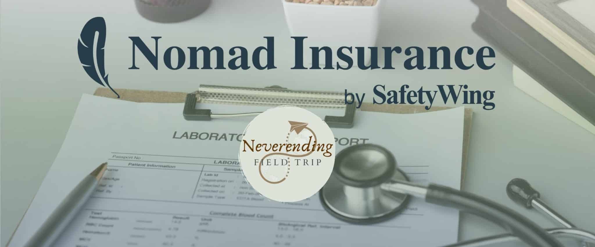 A lab report on a clipboard with the logos for Nomad Insurance and Neverending Field Trip overlaid on top of it