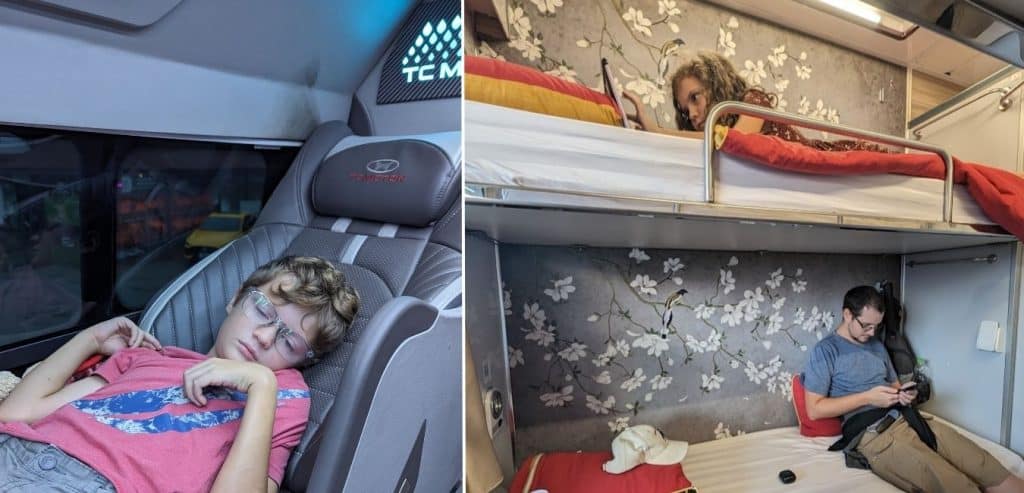 Side by side images of the interior of a Sleeper bus and a Sleeper train car in Vietnam