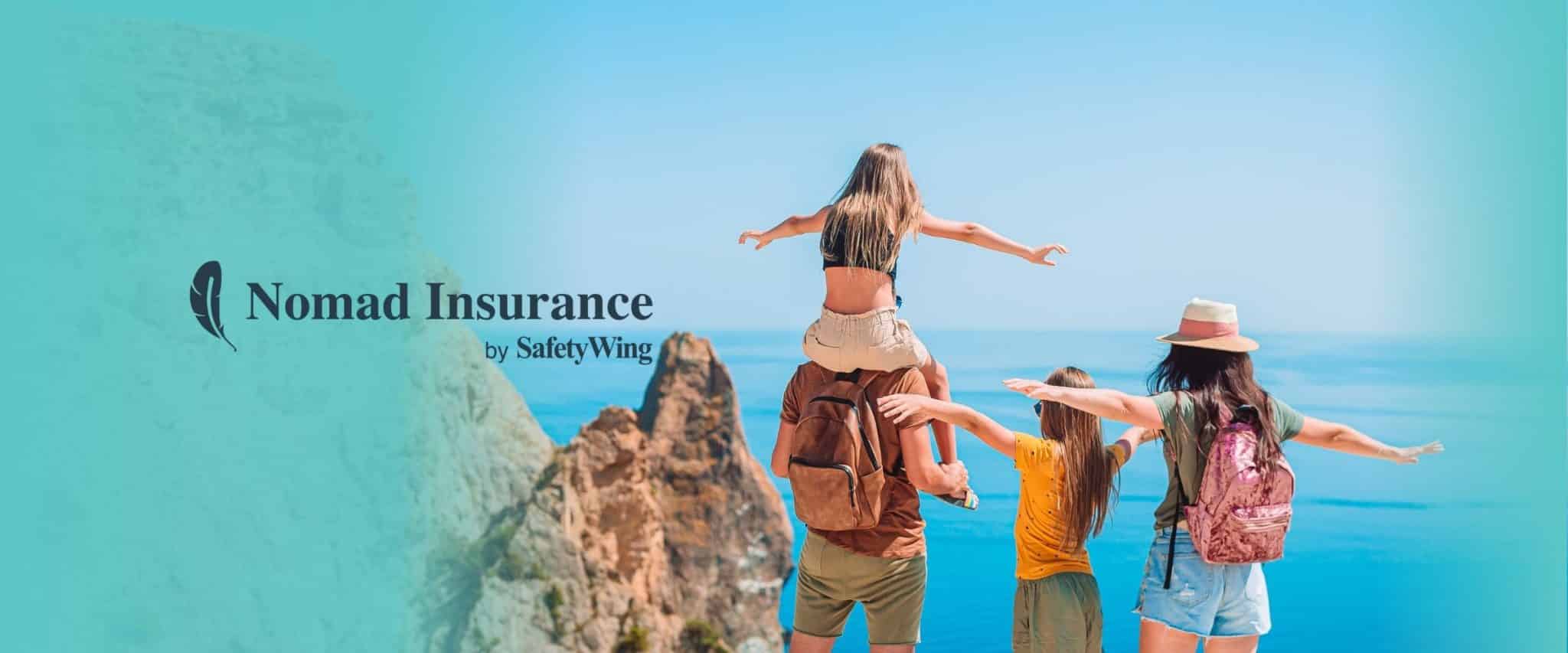 A family at a scenic overlook with the Nomad Insurance logo next to them