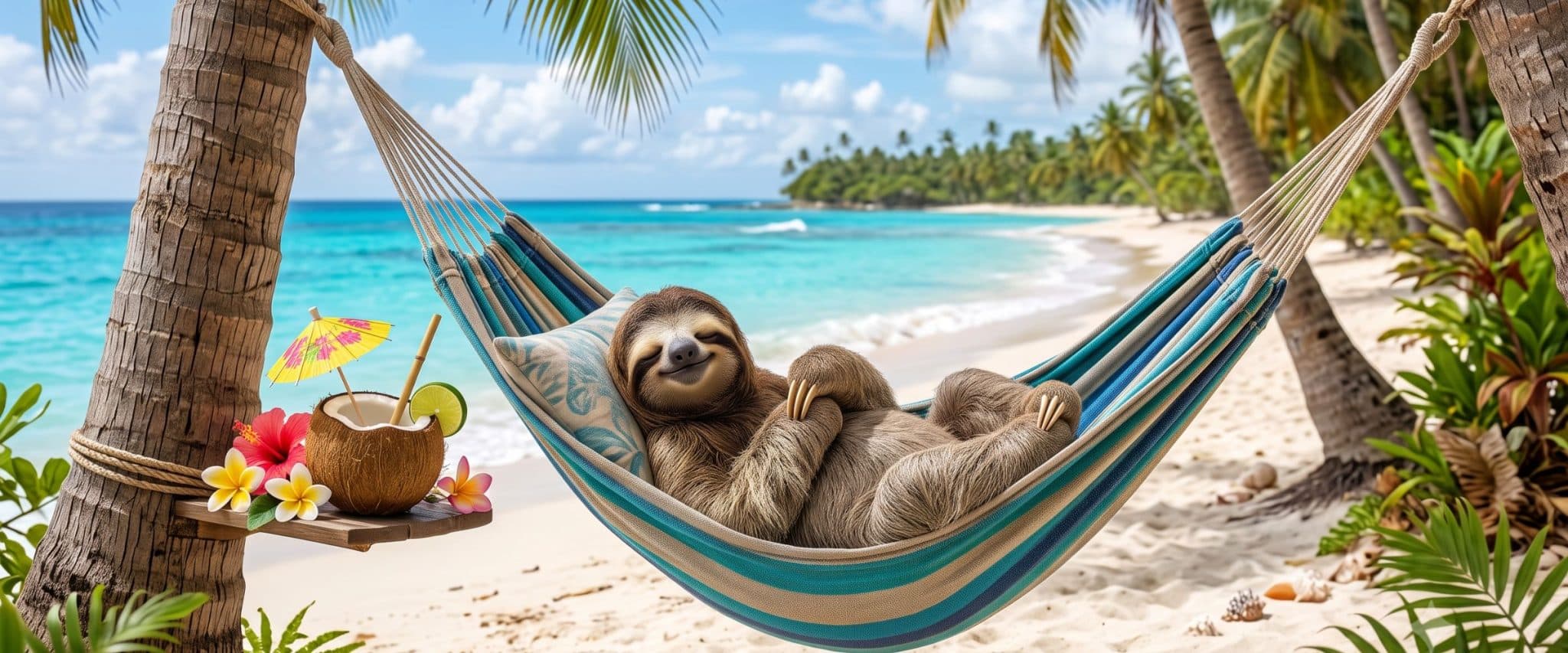 An AI generated image of a sloth relaxing in a hammock
