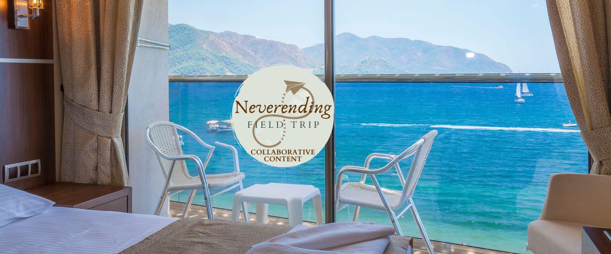 A hotel room looking over the sea